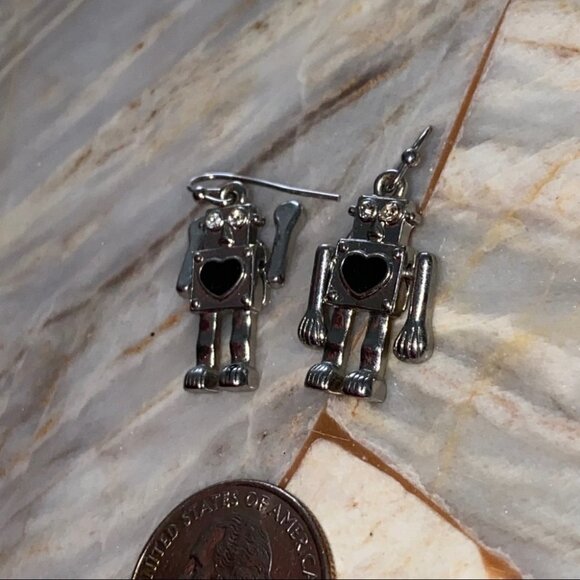 Cute Robot Small Earrings Silver Movable Arms - Picture 3 of 3